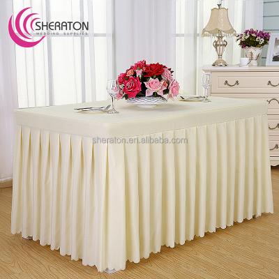 China Washable durable party rectangle ruffled polyester table edging white pleated hotel wedding table skirt box with spiffy wholesale for sale