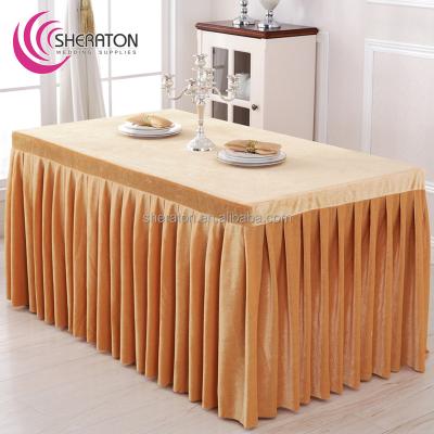 China Fancy Rectangle Ruffled Velvet Table Skirt Durable Washable With Stunning Wedding /hotel Pleated Table Skirting Box For Sale for sale