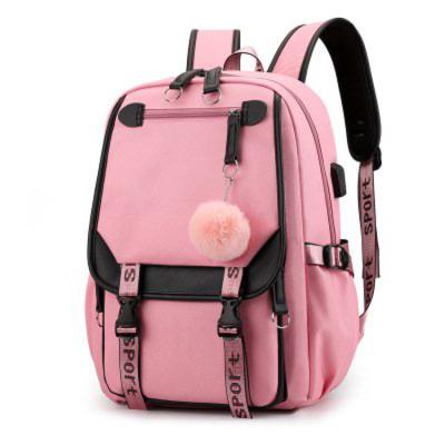 China With Left Pink USB Large Capacity Travel Backpack Girls Laptop Backpack With Fluffy Ball Bagpack for sale