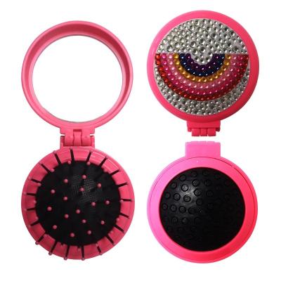 China Private Label Pocket Shiny Bling Collapsible Round Mounted Red Plastic Hair Brush With Mirror for sale