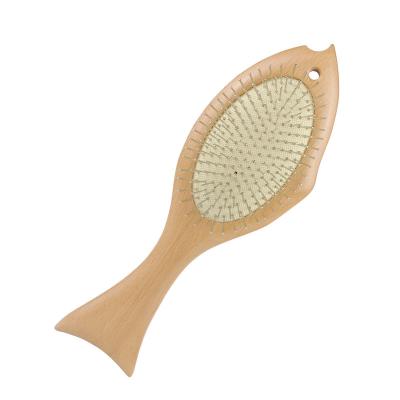 China Cushion Personilized Fish Style Paddle Hair Brush Stainless Steel Needle Beech Wood Hair Brush for sale