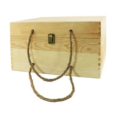 China Handmade Large Paulownia #60007 Hinged Lid Six Bottles Wood Wine Box With Rock And Rope Handle for sale