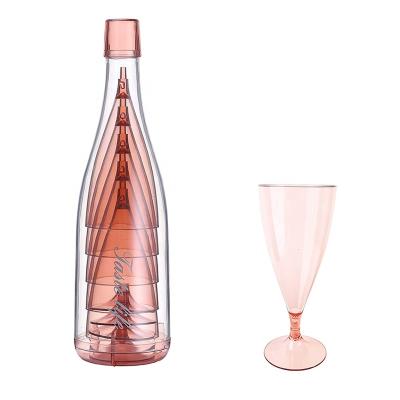 China Unbreakable Set of 5 Ounce Reusable Picnic 5 Clear Pink Plastic Champagne Glasses Wine Set with Cute Bottle Storage for sale