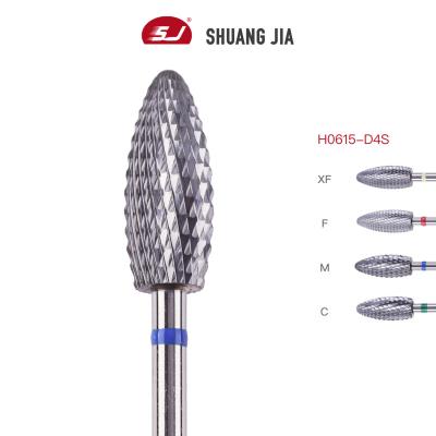 China Fast Remove Hard Gel SHUANGJIA Flame Carbide Bit Dust Proof Cross Cut Tungsten Carbide Nail Drill Bit for sale