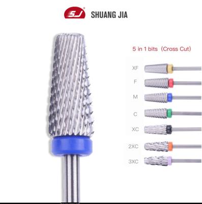 China Quick Remove Hard Gel SHUANGJIA 6.8MM Cross Cut Safety Manicure Tungsten Carbide 5 in 1 Nail Drill Bit for sale