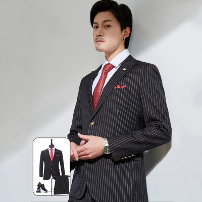 China OEM Fit Stripe Anti-Wrinkle Stripe Slim Single Buttons Business Latest Formal Stylish Men's Suit Set For Wedding Party for sale