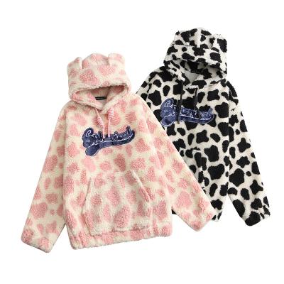 China WWK 2022 New Logo Wholesale Casual Cow Pattern Fashion Custom Girl's Reversible Design Character Wool Hoodies Sweatshirts for sale