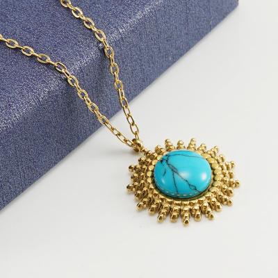 China Fashion Women Stainless Steel 18K Gold Plated Turquoise Round Stone Pendant Necklaces for sale