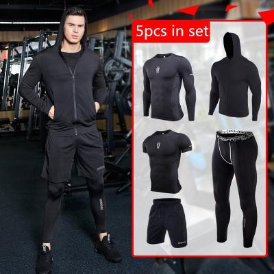 China Plus Size 5 Piece In Set Mens Quick Dry Gym Wear Training Clothes Running Suits Breathable Running Wear Sport Suit For Man for sale