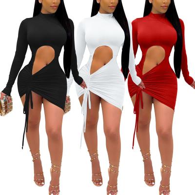 China New Design Large Size Viable Plus Size Ladies Dress Casual Long Sleeve Ruched Bodycon Women Mini Dress for sale