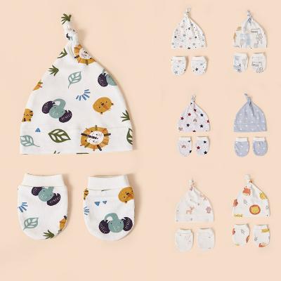 China Wholesale 100%Cotton Breathable Newborn Baby Hat With Mittens Set Newborn Infant Two Piece Hats Set 0-6 Months for sale