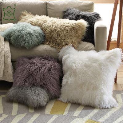 China Curly luxrury shaggy pillow 40*40 long decoration lamb fur pillow tibetan mongolian sheepskin cushion for sale