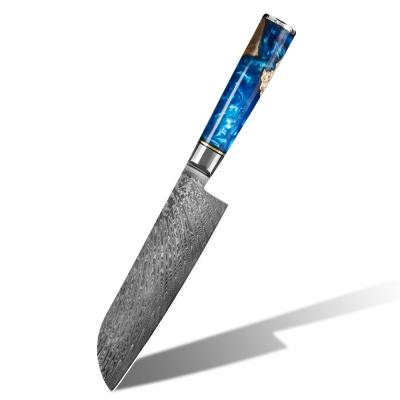 China 7 Inch Durable Luxury 67 Layers Damascus Santoku Knife Japanese Chef Kitchen Sushi Santoku Knife Knives With Blue Resin Handle for sale