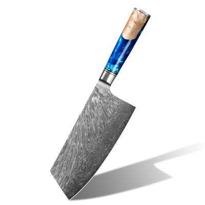 China New Sustainable Luxury Blue Resin Handle 7.5 Inch Meat Cleaver Damascus VG10 67 Seats Carbon Steel Kitchen Knives Chinese Chef Knife for sale