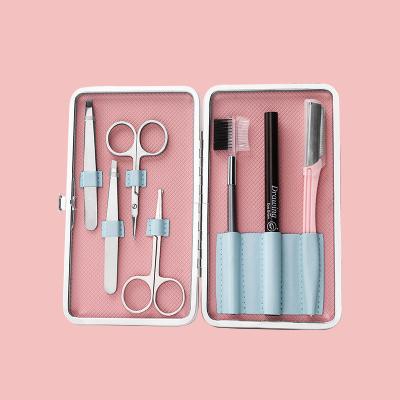 China Portable 7 in 1 Eyebrow Grooming Kit Razor Tweezers Scissors Brush Pencil Stencil Set Beauty Makeup Tools Eyebrow Trimmer Set With Case for sale