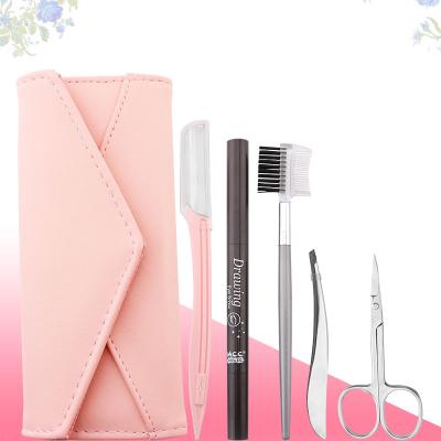 China Portable 5 In 1 Tweezers Eyebrow Trimmer Razor Scissors Brush Pencil Stencil Set Beauty Makeup Tools Eyebrow Grooming Kit With PU Bag for sale