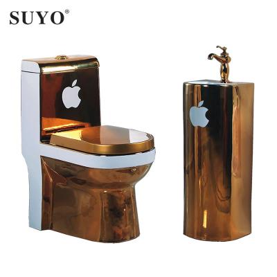 China Double-Flow Sanitary Ware Bathroom Set Gold Color Dragon Toilet Bowl Seat Gold Wc Ceramic Toilet for sale