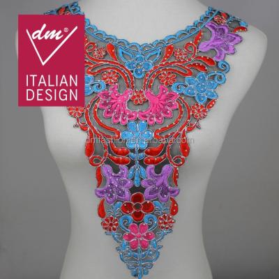 China Italy Eco-friendly Design Ethnic Embroidery Organza Neckline Flower Lace Applique With Rhinestone for sale