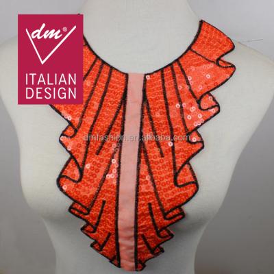 China 24*33cm Eco-Friendly Wholesale Embroidery Designs Orange Sequin Collar Appliques for sale