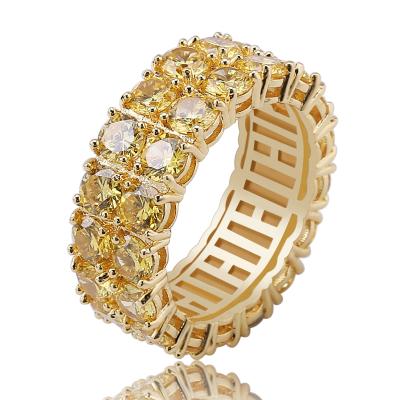 China Hiphop Jewelry Hip Hop Ring Style, 2 Rows AAA Zircon Stone Rings Champagne CZ Diamond 18K Gold Plated Rings For Men for sale