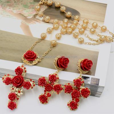 China Vogue Fashionable Baroque Cross Pendant Necklace Set, Red Rose Jewelery Necklace Set, OEM Jewelry for sale