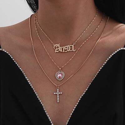 China Environmental Friendly Fashion Multi Layer Heart Crystal Cross Pendant Necklace for sale