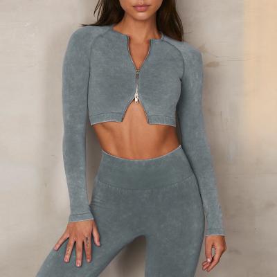 China Breathable Seamless Women Workout Clothes Yoga Logo Zipper Jacket Crop Top Custom Made Fitness Gym 2 Piece Long Sleeve Yoga Sets for sale