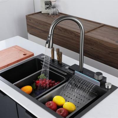 China Without Faucet 304 Stainless Steel Kitchen Sink Large Rainfall Waterfall Sink Single Dish Sink With Knife Holder Cup Gasket for sale