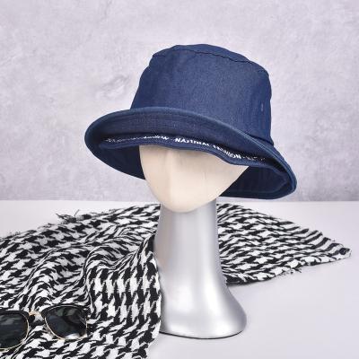 China Striped bucket hat denim brim denim fisherman sun hat beach summer wide hat for unisex for sale