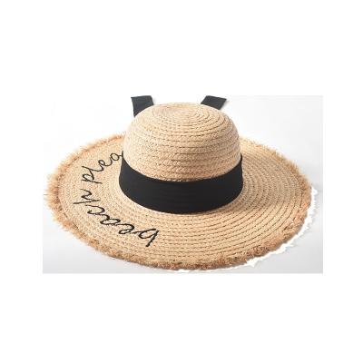 China Checked new design hign quality embroidery charming ladies plain dyed large bowknot raffia soft straw hat for sale