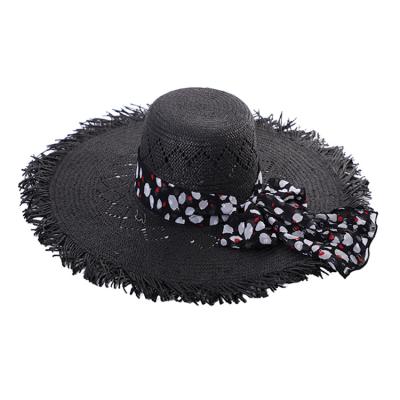 China High Quality Black Oversized Big Brim Paper Beach Summer Sun Visor Elegant Straw Hats For Women for sale