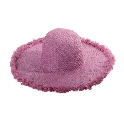 China Adult Straw Summer Chillout Beach Sun Visor Extra Wide Fringed Brim Straw Hat Raffia With Pink for sale