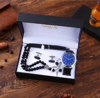 China Automatic Rosary pen cufflink set gift fashion date quartz leather wristwatch and bracelet set men for sale