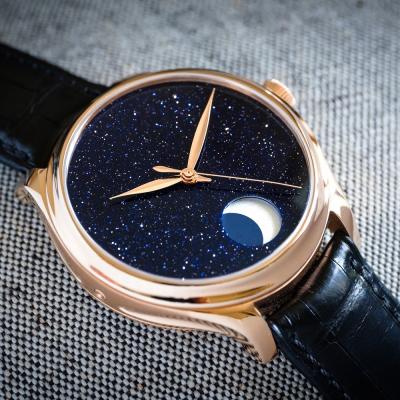 China Genuine Leather Straps Moon Phase Blue Star Dust Face Moon Phase Watch Custom Mens Fashion Watch for sale