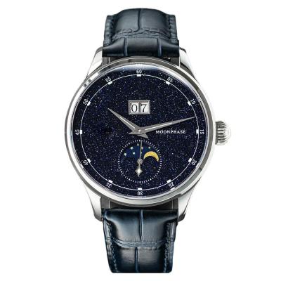 China Automatic Elegant Blue Leather Band Leather Band Shiny Face Quartz Movement Moon Phase Watch for sale