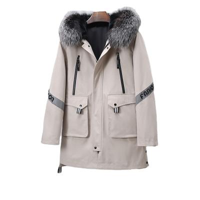 China Custom Winter Anti-Wrinkle Parka Men's Rabbit Fur Liner Hooded Beige Furry Hooded Warm Zipper Chest Man Clothing for sale