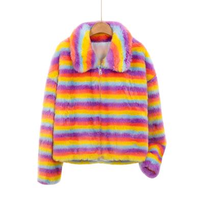 China Custom Made Rainbow Logo Women Coat Faux Fur Winter Girl Women Jacket Viable for sale