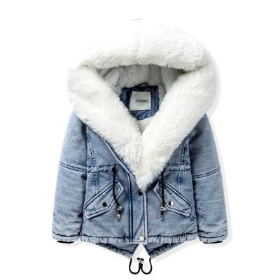 China New Girls Anti-wrinkle Coat Children's Warm Denim Outerwear Fur Collar Cotton Jacket Winter Girl Jacket for sale