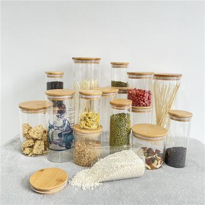 China Art Decor Stored Multiple Sizes Kitchen Organization Canisters Blank Sublimation Clear Glass Storage Canning Jar With Sealed Bamboo Lid for sale