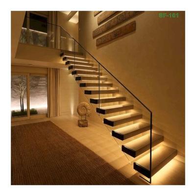 China Modern Modern Customize Design Wooden Floating Staircase With Metal Glass Enclosure Staircase Indoor Glass Treads Floating Staircase for sale