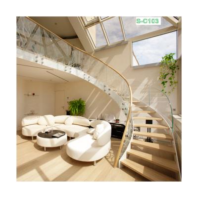 China Modern Curved Round Steel Spiral Staircase Luxury Decorative Thick Tempered Staircase for sale