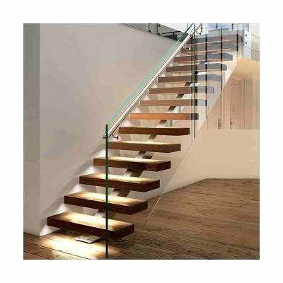 China Modern Mono Stringer Steel Wood Staircase Thick Tempered Glass Frosted Modern Straight Staircase for sale