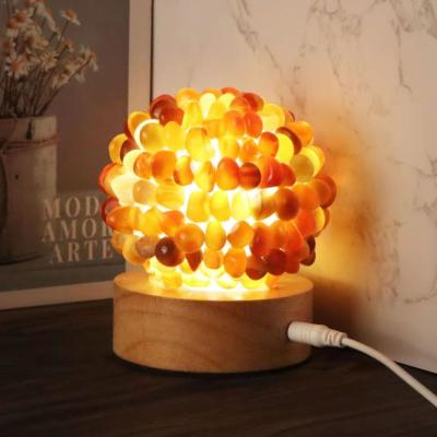 China Modern Tumbled Stone Night Light Rainbow Fluorite Tumbled Stone Rose Quartz Globe Lamp USB Table Lamp With Wood Base for sale