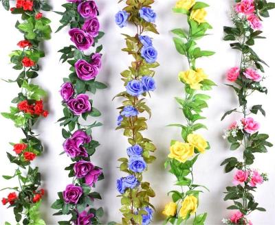 China Wholesale simulation silk rose artificial flower vine for air conditioning pipes to block living room ceiling decoration for sale