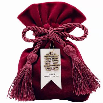 China Fashion Burgundy Eco-Friendly Cheap Promotional Luxury Tassel Velvet Custom Drawstring Bags For Gift for sale