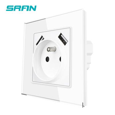 China With 1.4mm iron plate / with mount claw SRAN EU standard French socket outlet with USB, tempered glass panel, AC220~250V, 16A USB socket for sale