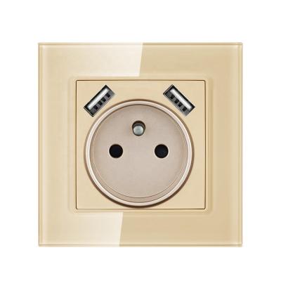 China With 1.4mm iron plate / with bracket French socket wall socket with USB ports, tempered glass panel, AC220~250V, EU standard USB 16A socket for sale