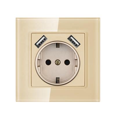 China With 1.4mm iron plate/with bracket Germany hot shoe wall socket with USB ports, tempered glass panel, AC220~250V, EU standard 16A USB plug socket for sale