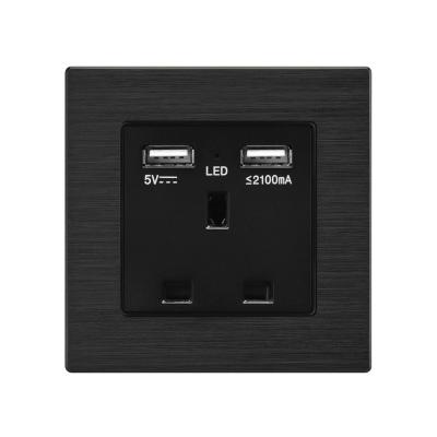 China SRAN UK Residential/General Purpose Wall 3pin Electrical Socket With USB Black Switch Panel 86mm*86mm Aluminum Power Socket for sale