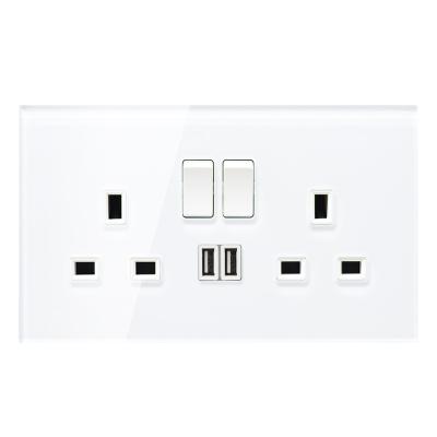 China SRAN R-U 13a 3pin wall socket luxury glass, fully tempered glass white panel 146mm*86mm 2 gang switch 2 usb socket new for sale